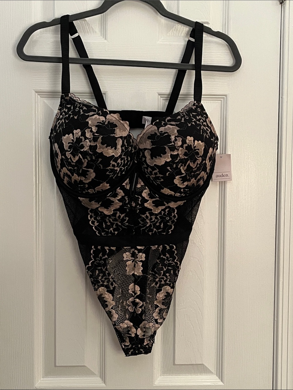 Auden Black Lace Floral Bodysuit with Nude Accents